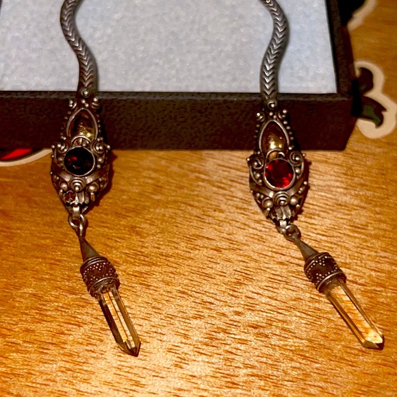 Sterling Silver, Gold, Garnet with a dangling Crystal, Snake Earrings.! - Picture 7 of 7